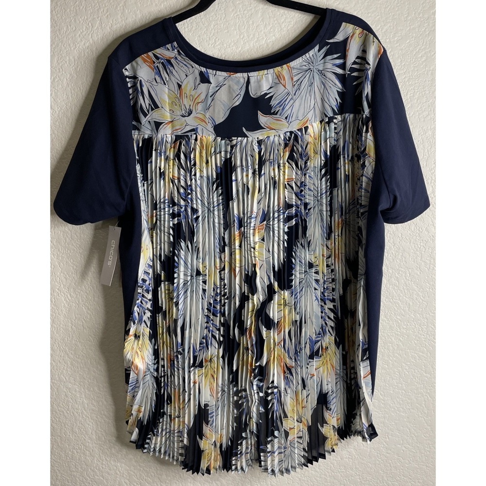 Chicos Womens 4 US XXL Navy Blue Floral Knit Top Pleat Back NEW‎ Preppy Beach